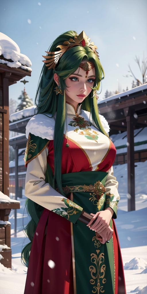 ((masterpiece, best quality))beautiful amazon girl warrior with very long green hair on a heavy snow background 