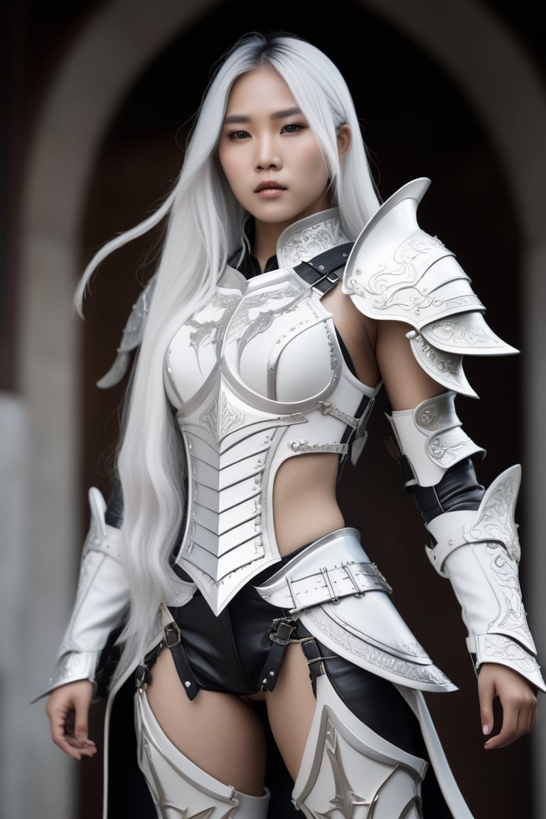 Extremely Realistic whole body shot beautiful asian girl with long white hair wearing an assasin highly detailed and elaborate fantasy leather armor
