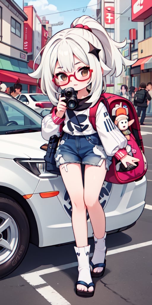 (close up camera), high quality, teenager with very long hair, masterpiece, white skin, Slim body, 1girl, backpack, underage, backround, japan street, cars, cartoon, intricate details, hyperdetailed, lightroom, rich colors, More Detail, looking_at_viewer, skirt, pitbull glasses, paimondef