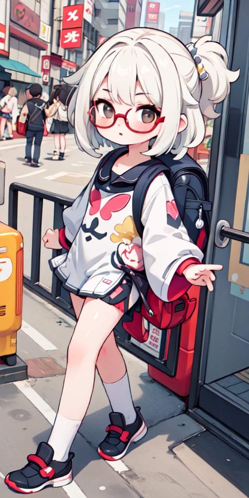 (close up camera), high quality, teenager, masterpiece, white skin, Slim body, 1girl, backpack, underage, backround, japan street, cars, cartoon, intricate details, hyperdetailed, lightroom, rich colors, More Detail, looking_at_viewer, skirt, pitbull glasses, paimondef