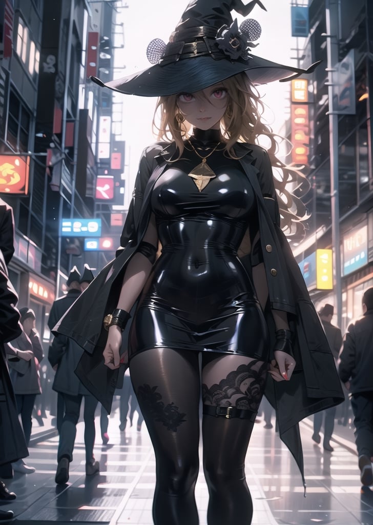 Red eyes, evil, golden, shiny, gold hair,High detailed ,midjourney,perfecteyes,Color magic,urban techwear,hmochako,better witch,witch, witch,Long hair,free style,horror (theme)