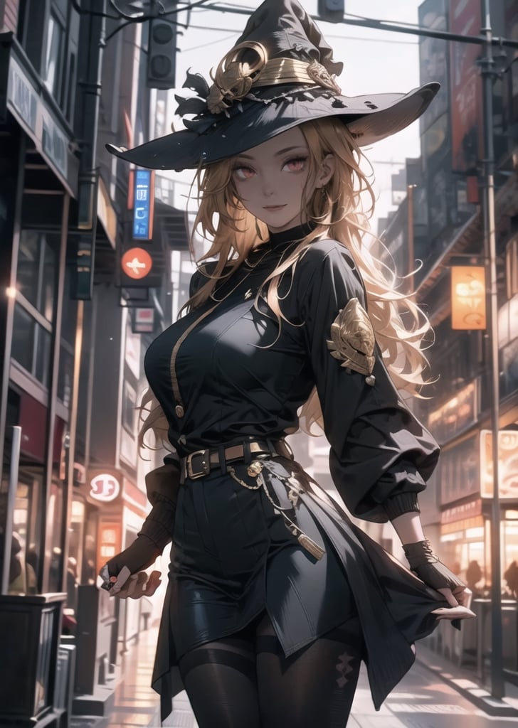 Red eyes, evil, golden, shiny, gold hair,High detailed ,midjourney,perfecteyes,Color magic,urban techwear,hmochako,better witch,witch, witch,Long hair,free style,horror (theme)