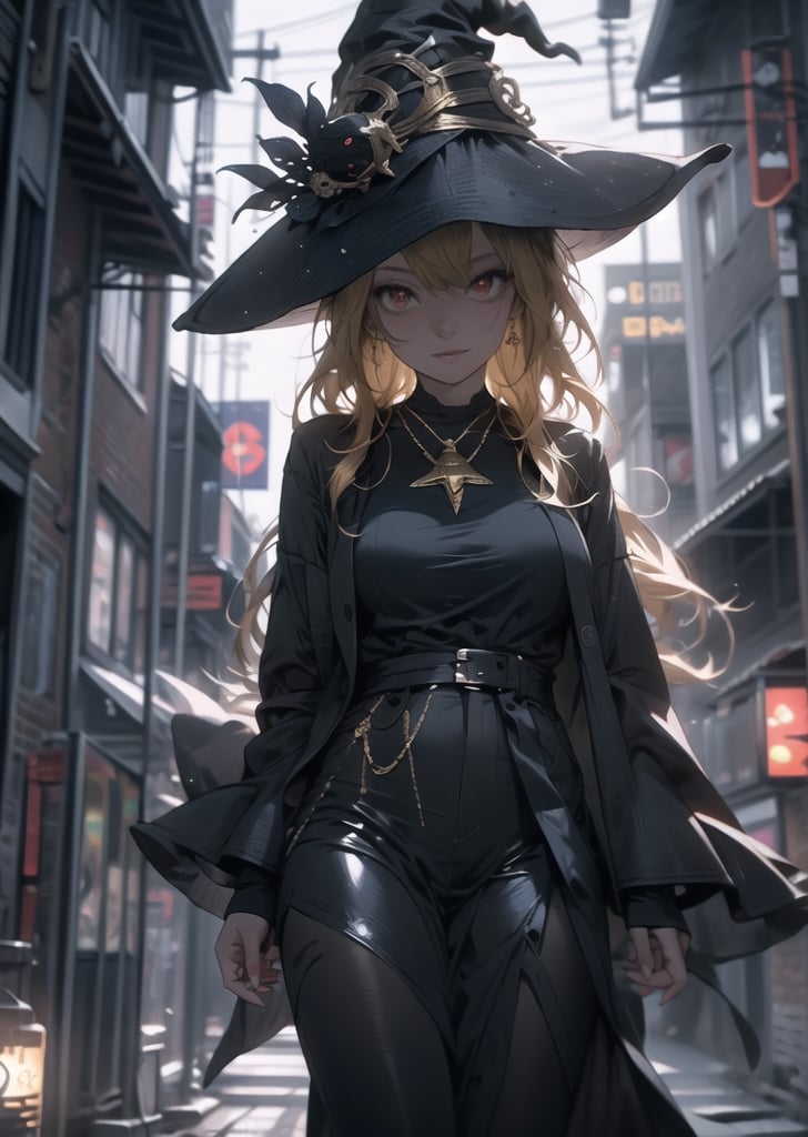 Red eyes, evil, golden, shiny, gold hair,High detailed ,midjourney,perfecteyes,Color magic,urban techwear,hmochako,better witch,witch, witch,Long hair,free style,horror (theme)