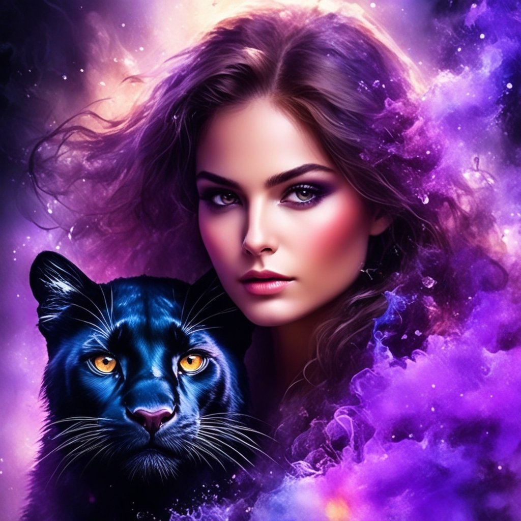MJ, Andre Cohn, Gabrielle Del Otto, digital illustration, close-up, concept art, Panther, cute black fluffy little panther, magical, purple wisps of magical smoke wisp away from him in all directions, Broken Glass effect, dark jungle background, stunning, something that even doesn't exist, mythical being, energy, molecular, textures, iridescent and luminescent scales, breathtaking beauty, pure perfection, divine presence, unforgettable, impressive, breathtaking beauty, Volumetric light, auras, rays, vivid colors reflects, Watercolor, trending on artstation, sharp focus, studio photo, intricate details, highly detailed, by greg rutkowskiStunning Full Color RTX, 4k, AI Midjourney, Vibrant Rich Colors, Watercolor, Oil Paints, HDR, 500px, 4k,