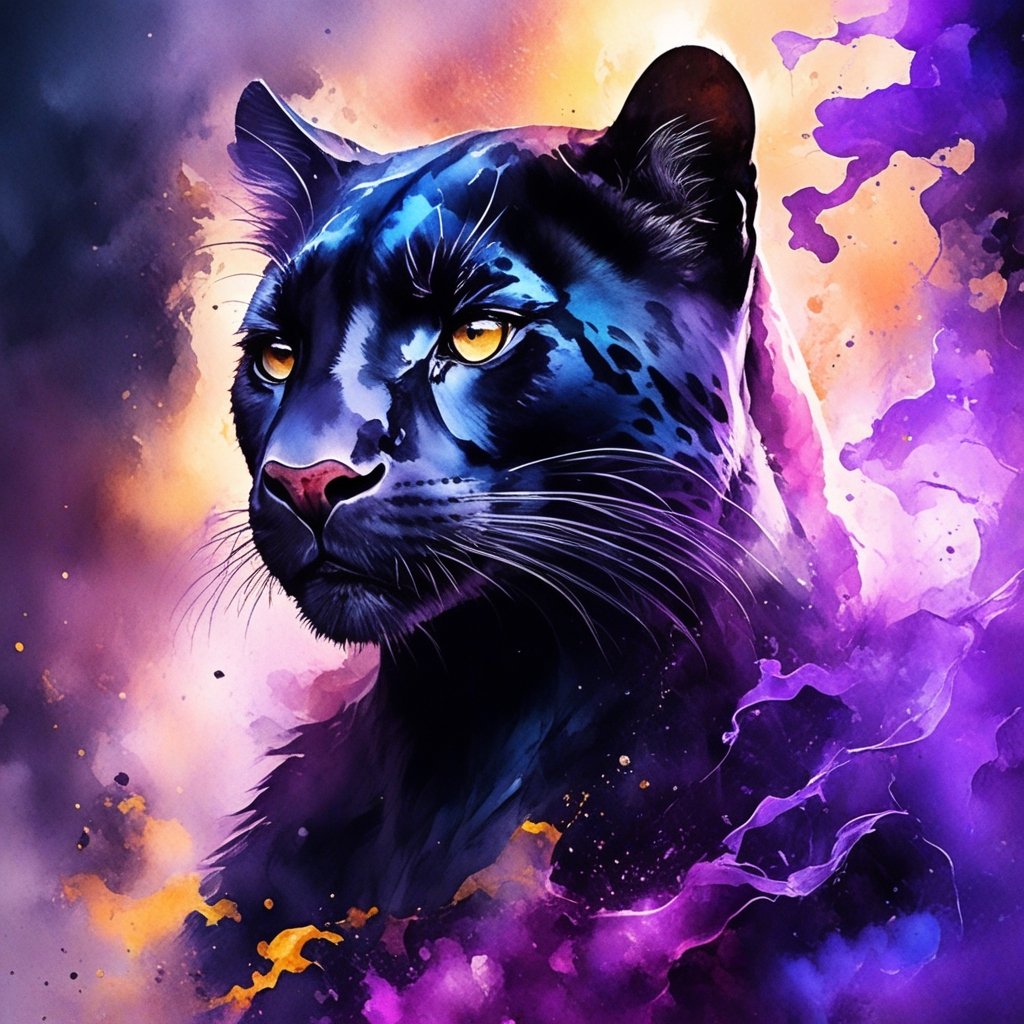 MJ, Andre Cohn, Gabrielle Del Otto, digital illustration, close-up, concept art, Panther, cute black fluffy little panther, magical, purple wisps of magical smoke wisp away from him in all directions, Broken Glass effect, dark jungle background, stunning, something that even doesn't exist, mythical being, energy, molecular, textures, iridescent and luminescent scales, breathtaking beauty, pure perfection, divine presence, unforgettable, impressive, breathtaking beauty, Volumetric light, auras, rays, vivid colors reflects, Watercolor, trending on artstation, sharp focus, studio photo, intricate details, highly detailed, by greg rutkowskiStunning Full Color RTX, 4k, AI Midjourney, Vibrant Rich Colors, Watercolor, Oil Paints, HDR, 500px, 4k,