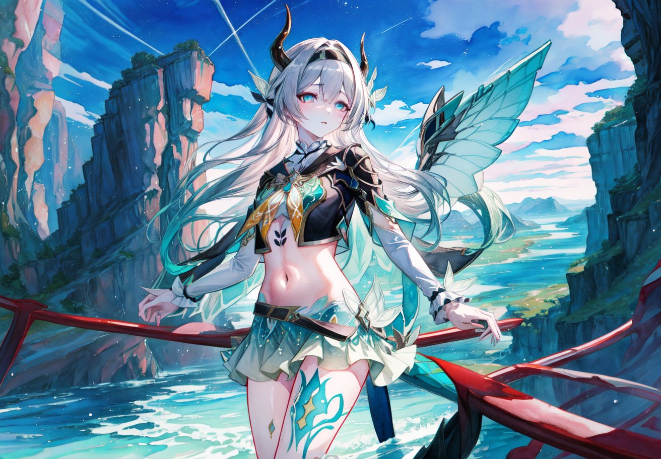 best_quality,highres,extremely_detailed, 1girl,beautiful_face,navel,light_aqua_hair,very_long_hair,full_body, ,obscenity_tattoo,windmage,aqua_tattoo,green_tattoo,waist_tattoo,neck_tattoo, village_succubus,wings,horns,tail, BREAK official_art,watercolor_\(medium\),fantasy, flying,waterfal,canyon,valley,magical_girl,GGAS_Box,,Kafka(character),acheron \(honkai: star rail\)