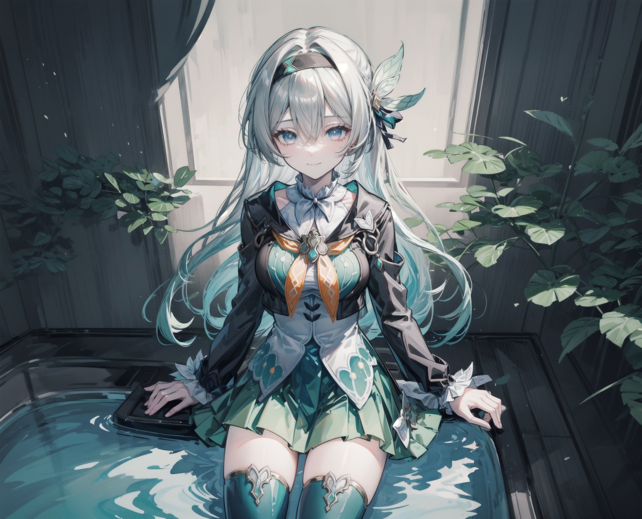 monochrome,grayscale,watercolor,masterpiece:2,((best quality)),highres,((looking_at_viewer)),1girl,solo,from above,
a gril sitting in a pool of lotus,leaves,perspective,depth of fields,sitting,water,
grey hair,long hair,hair ornament,black hairband,blue eyes,long sleeves,green skirt,green thighhighs,smile,