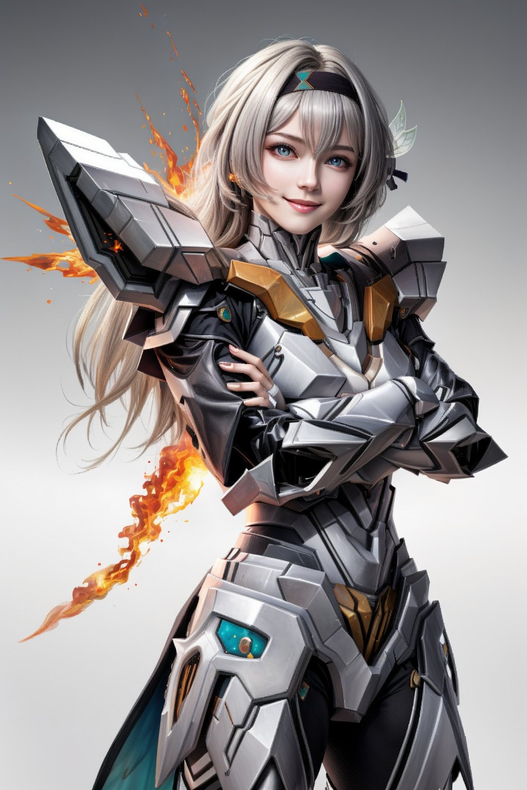 ((masterpiece,best quality)), 2persons, gradient background, fire, crossover ADDCOMM1other sam, mecha, armor, crossed arms ADDROW1girl, fireflyhsr, hairband, smile