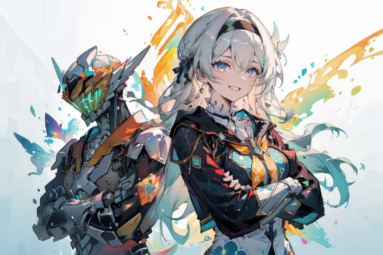 ((masterpiece,best quality)), 2persons, gradient background, fire, crossover ADDCOMM1other sam, mecha, armor, crossed arms ADDROW1girl, fireflyhsr, hairband, smile