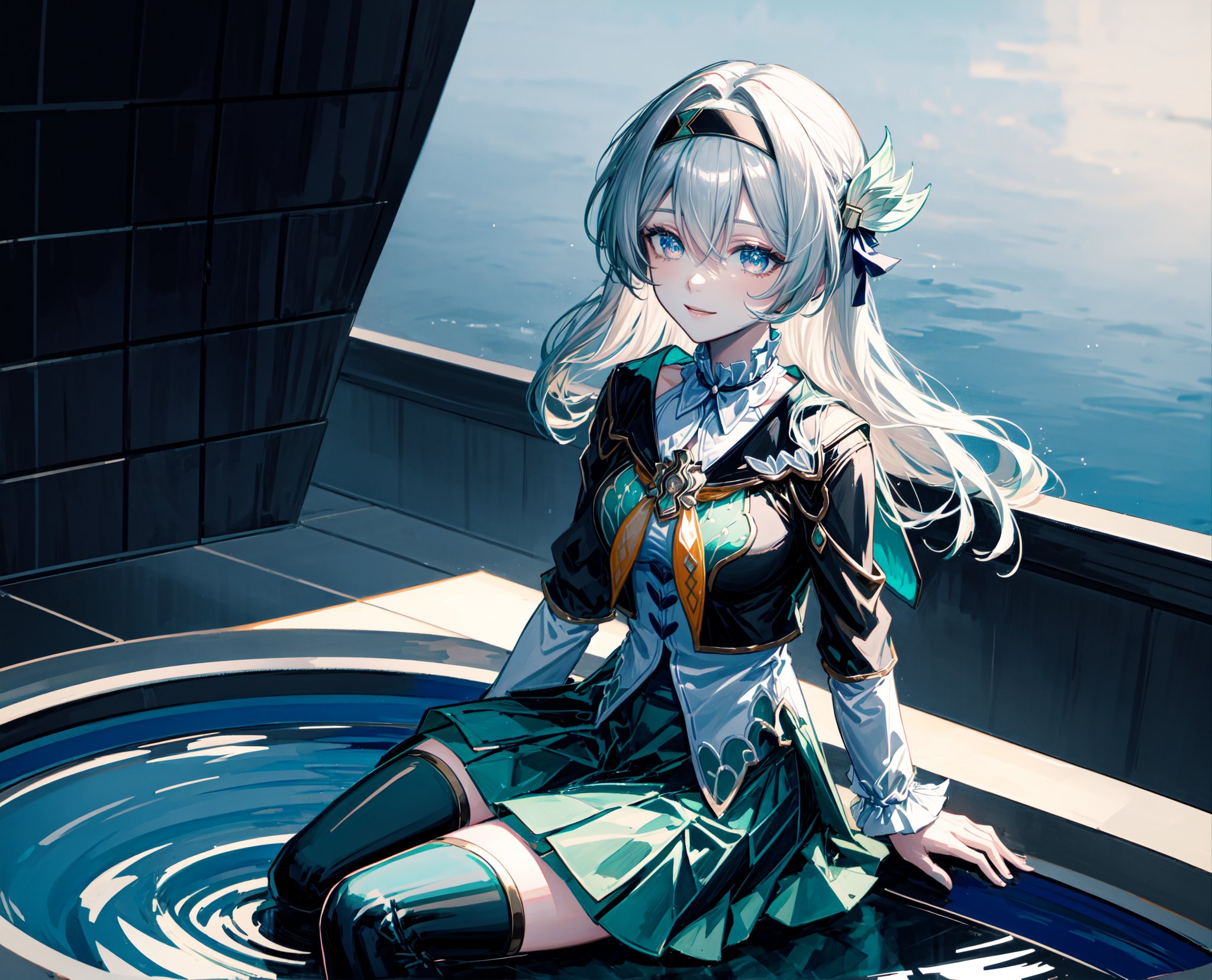 monochrome,grayscale,watercolor,masterpiece:2,((best quality)),highres,((looking_at_viewer)),1girl,solo,from above,
a gril sitting in a pool of lotus,leaves,perspective,depth of fields,sitting,water,
grey hair,long hair,hair ornament,black hairband,blue eyes,long sleeves,green skirt,green thighhighs,smile,