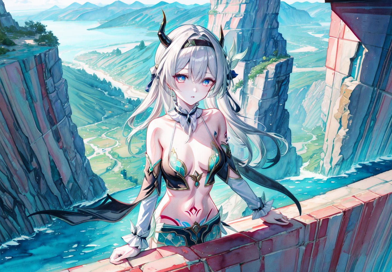 best_quality,highres,extremely_detailed, 1girl,beautiful_face,navel,light_aqua_hair,very_long_hair,full_body, ,obscenity_tattoo,windmage,aqua_tattoo,green_tattoo,waist_tattoo,neck_tattoo, village_succubus,wings,horns,tail, BREAK official_art,watercolor_\(medium\),fantasy, flying,waterfal,canyon,valley,magical_girl,GGAS_Box,,Kafka(character),acheron \(honkai: star rail\)