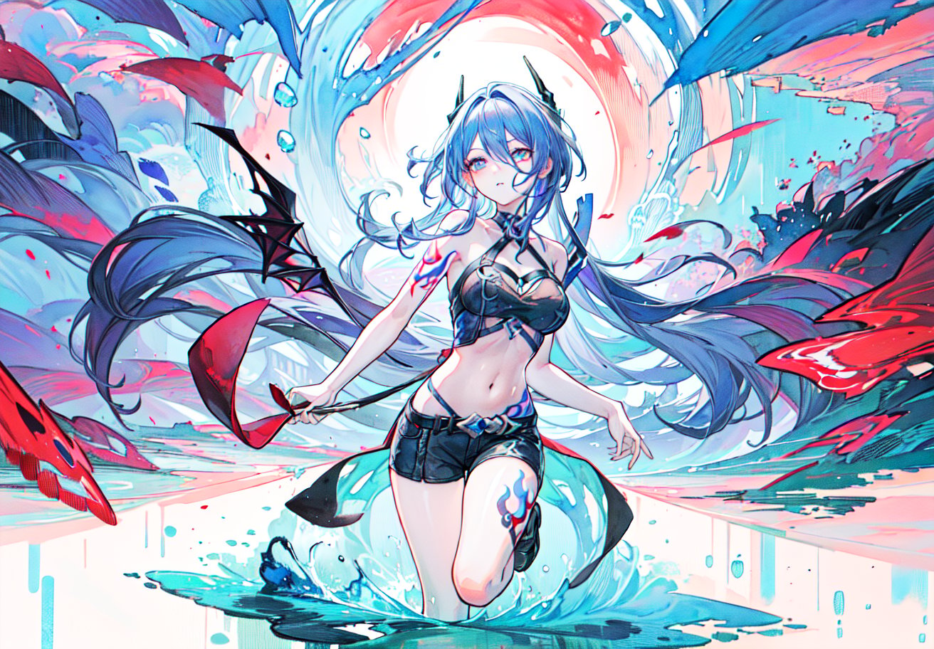 best_quality,highres,extremely_detailed, 1girl,beautiful_face,navel,light_aqua_hair,very_long_hair,full_body, ,obscenity_tattoo,windmage,aqua_tattoo,green_tattoo,waist_tattoo,neck_tattoo, village_succubus,wings,horns,tail, BREAK official_art,watercolor_\(medium\),fantasy, flying,waterfal,canyon,valley,magical_girl,GGAS_Box,,Kafka(character),acheron \(honkai: star rail\)