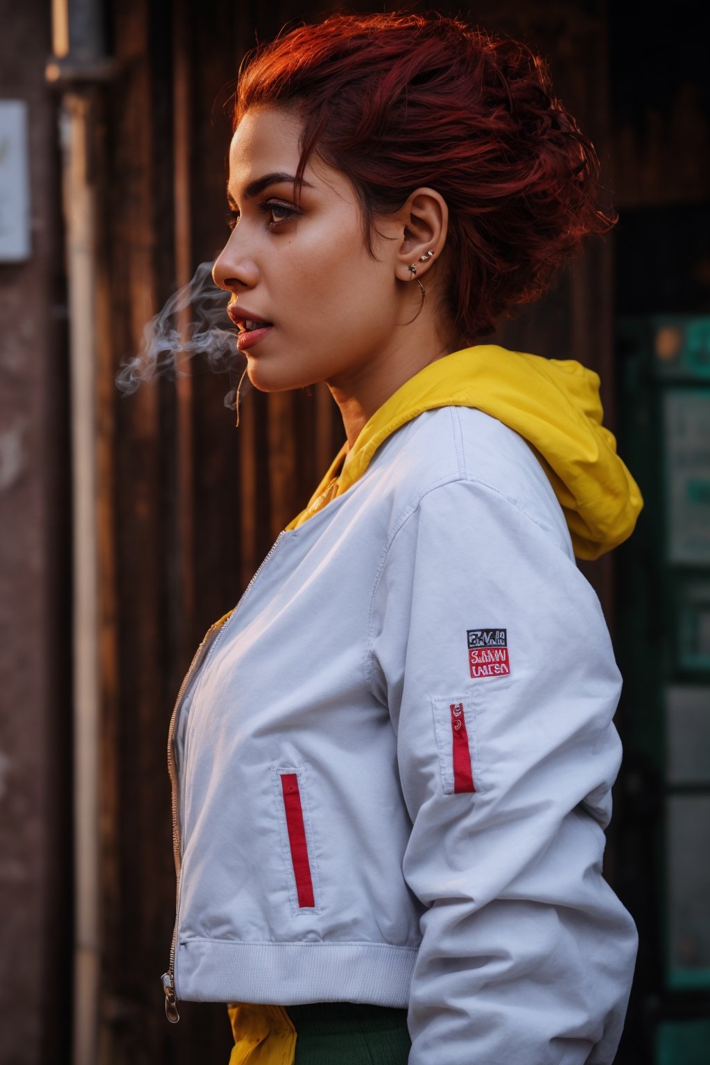 Best quality, masterpiece, woman, big boob , red hair, short hair, yellow eyes, spiky hair, tattoos, black pants, upper body, ear piercings, blue and white bomber jacket, profile picture, smoking,27 yo,Mallu