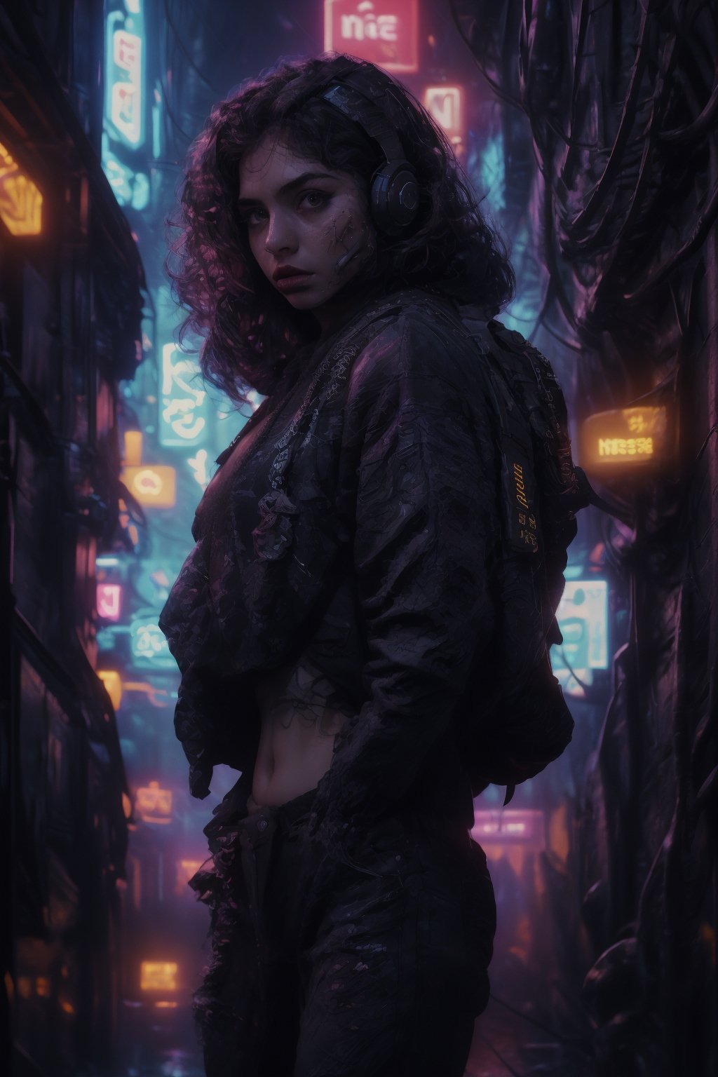 Mallu curly hair, sexy, Crop top, navel, busty, 22 yo , neon colour, cinematic colour grading, Dreampolis, hyper-detailed digital illustration, cyberpunk, single girl with techsuite hoodie and headphones in the street, neon lights, lighting bar, city, cyberpunk city, film still, backpack, in megapolis, pro-lighting, high-res, masterpiece,photorealistic,22yo girl ,1 girl,midjourney,CyberpunkWorld