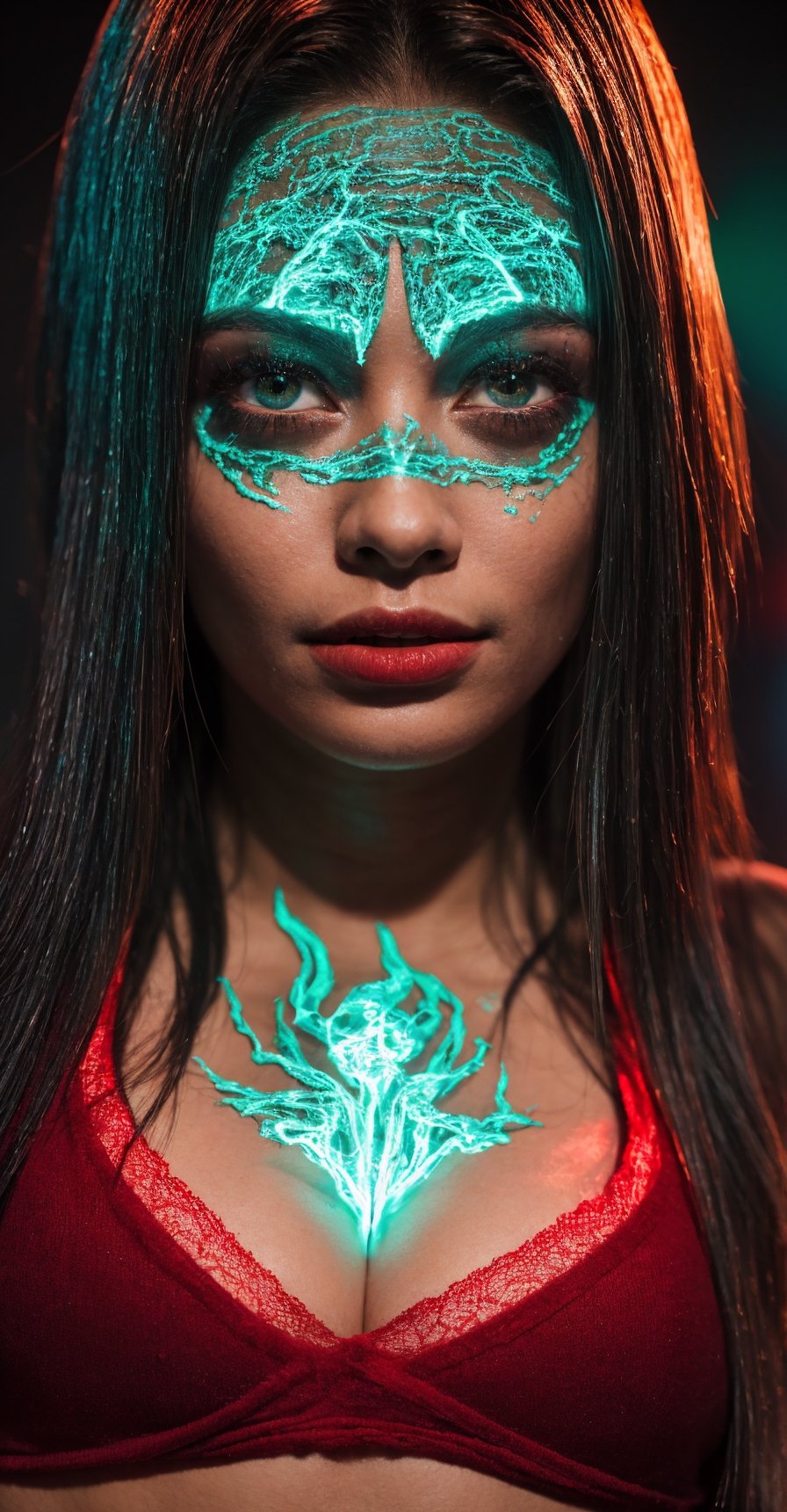 best quality,  8k,  ultra-detailed,  realistic:1.37,  vibrant colors,  vivid shading, ( breathtaking portrait of an alien shapeshifter entity),  mesmerizing eyes, navel, , sexy' intricate facial details,  otherworldly skin texture,   unnerving and intricate complexity,  surreal horror atmosphere,  dark shadows,  inverted neon rainbow drip paint,  ethereal glow,  hypnotic energy,  transcendent beauty,  mystical aura,  octane render,,Realism,photorealistic,redneonstyle, glowing, red theme
