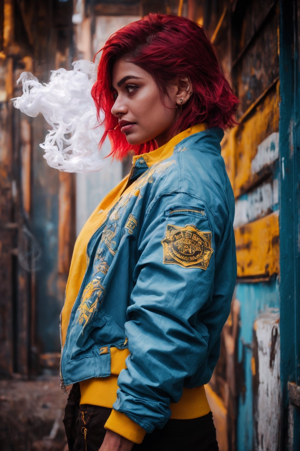 Best quality, masterpiece, woman,  cleavage cutout , red hair, short hair, yellow eyes, spiky hair, tattoos, black pants, upper body, ear piercings, blue and white bomber jacket, profile picture, smoking,27 yo,Mallu