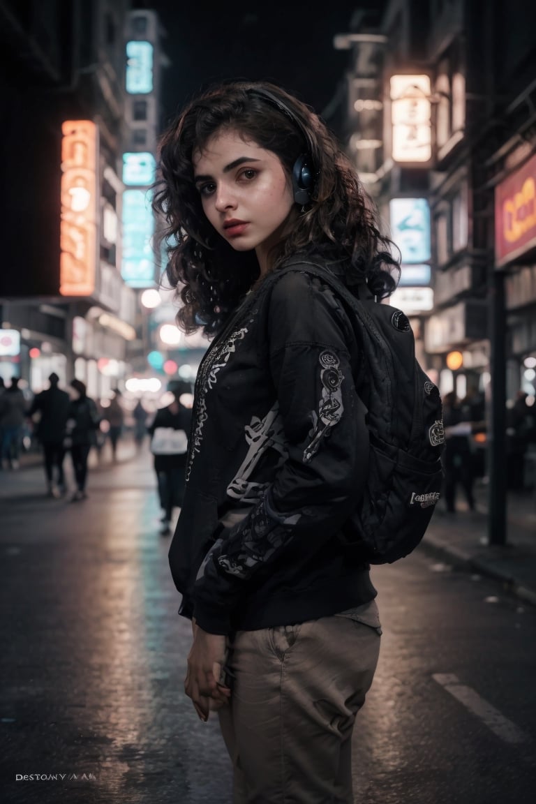 Mallu curly hair, Dreampolis, hyper-detailed digital illustration, cyberpunk, single girl with techsuite hoodie and headphones in the street, neon lights, lighting bar, city, cyberpunk city, film still, backpack, in megapolis, pro-lighting, high-res, masterpiece,photorealistic,22yo girl ,1 girl,midjourney