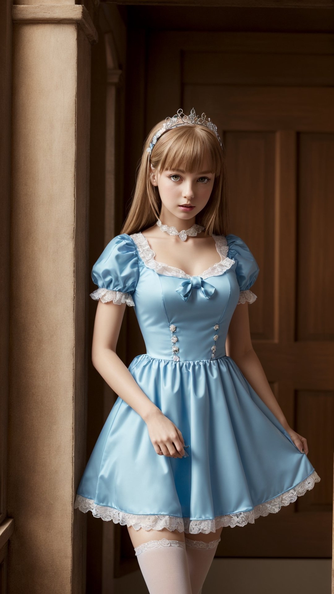 (best quality, masterpiece, illustration, designer, lighting), (extremely detailed CG 8k wallpaper unit), (detailed and expressive eyes), detailed particles, beautiful lighting, a cute girl, long blonde hair, wearing a teddy bear tiara, (Hug teddy bear doll),donning a beautiful blue and white dress with ruffles and lace, sheer pink stockings, transparent aquamarine crystal shoes, bows around her waist (Alice in Wonderland), butterflies around, (Pixiv anime style), (Wit studios),(manga style), scared,In the dark corner of the room