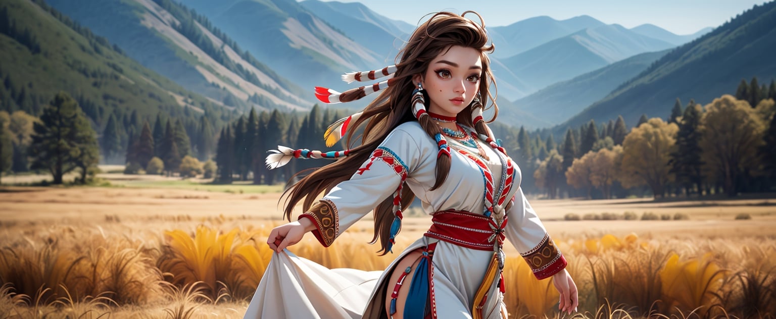 Masterpiece, photorealistic, Beautiful MaruRock young woman, standing in open field, NSFW, flat chest, slim fit body, cute girl, sweet and elegant, soft facial features, ((brown eyes)), big eyes, detailed hair,
((Wearing native american clothes)), native decorations, revealing dress, full body, looking_at_viewer, strong and elegant pose,
