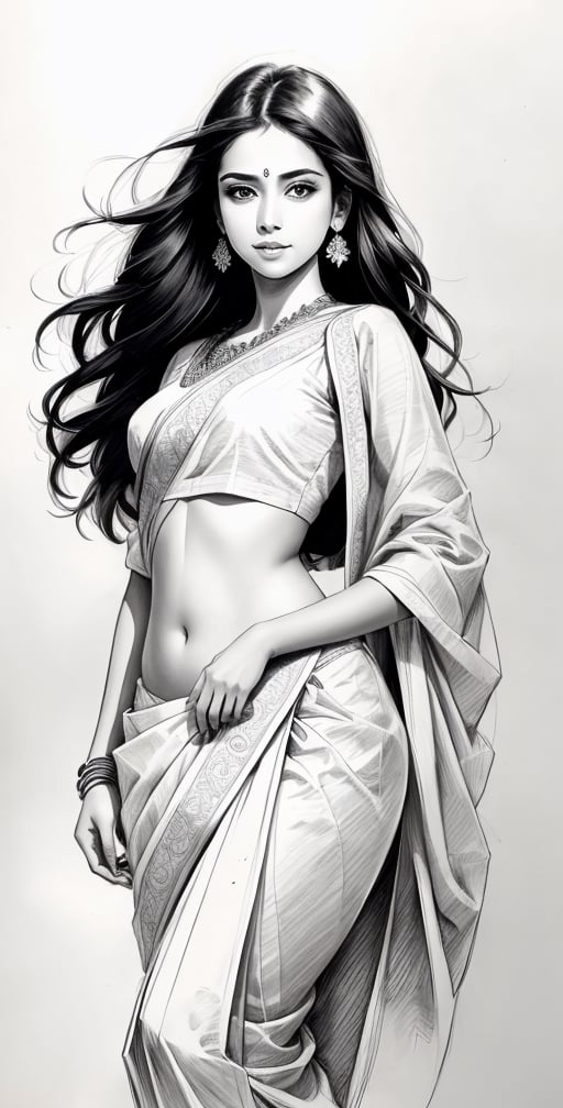 Pencil sketch, pencil sketch portrait of beautiful indian girl with long hair, blue eyes, embarrassed, nice figure, slim belly, Indian revealed white saree, dynamic posing, Art, black and white sketch, on white art paper, realistic sketch, ultra real sketch, pencil stroke sketch, pencil stroke shadow, perfect real light on paper, xyzsanart01,iinksketch,monochrome, full_body,Outline