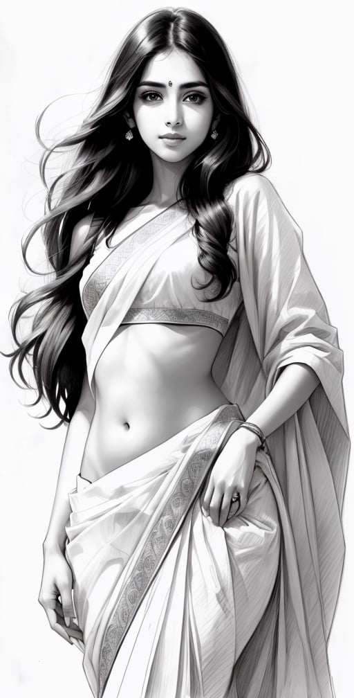 Pencil sketch, pencil sketch portrait of beautiful indian girl with long hair, blue eyes, embarrassed, nice figure, slim belly, Indian revealed white saree, dynamic posing, Art, black and white sketch, on white art paper, realistic sketch, ultra real sketch, pencil stroke sketch, pencil stroke shadow, perfect real light on paper, xyzsanart01,iinksketch,monochrome, full_body,Outline