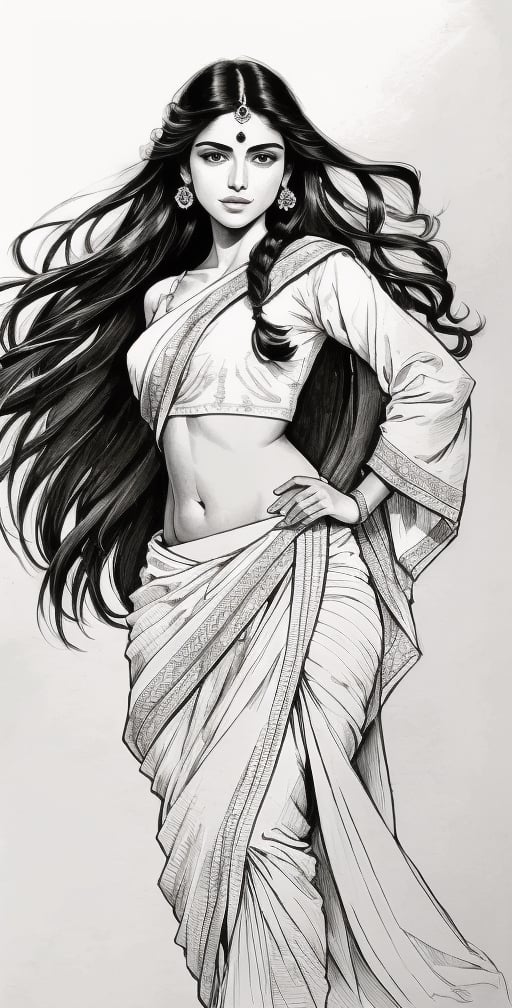 Pencil sketch, pencil sketch portrait of beautiful indian girl with long hair, blue eyes, embarrassed, nice figure, slim belly, Indian revealed white saree, dynamic posing, Art, black and white sketch, on white art paper, realistic sketch, ultra real sketch, pencil stroke sketch, pencil stroke shadow, perfect real light on paper, xyzsanart01,iinksketch,monochrome, full_body,sketch,Outline
