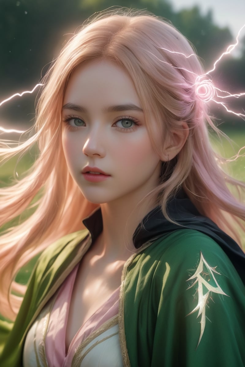 (best quality,highres,ultra high resolution,masterpiece,realistic,extremely detailed 8K RAW photo,intricate detail, film grains),ray tracing,detaled_background,aquagradient eyes,((A young wizard with long, pink, blonde hair is floating on a field of green grass. She is dressed in a flowing, completely black cloak that is embroidered with silver lightning bolts. A whirling vortex of lightning energy is enveloping her hands.)),photo r3al,xxmix_girl