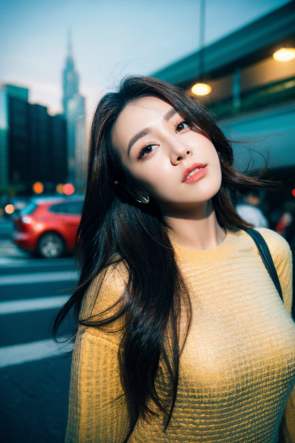 (professional photo), 1girl, pale skin busty  idol, long hair,  50mm, flash photography,  real life, cute face, day time, Hong Kong street wear summer fashion,1 girl,Realism