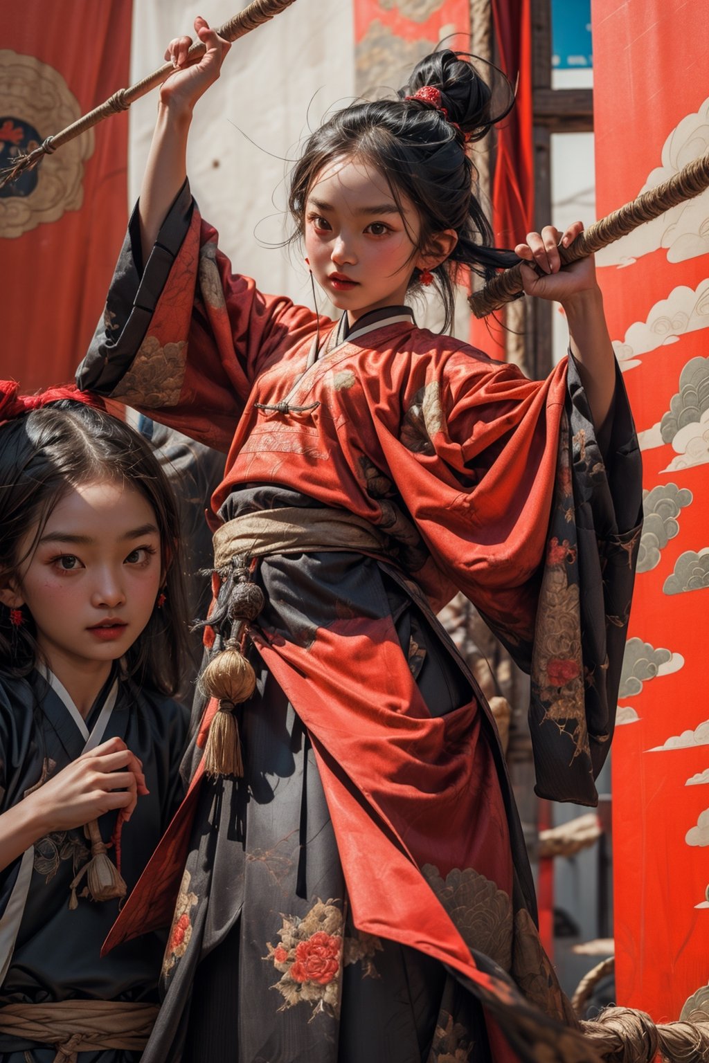 ((masterpiece:1.2, best quality)), ultra detailed, Ultra-precise depiction, Ultra-detailed depiction, (50 year old mongol man)), ((10 year old mongol girl)), (dynamic pose), traditional mongol clothes,  3DMM,weapon,perfecteyes
