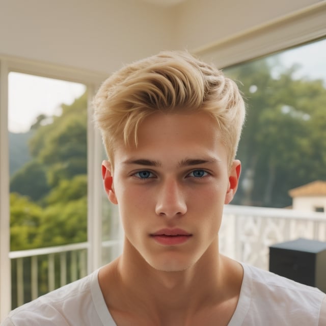 a 18 years old handsome cute blond boy at home, sharp focus, finely detailed eyes and face, short hair, fade haircut, male_only, sharp skin, masterpiece, photorealistic, ultra-detailed, fine skin detail, best, super fine, best quality, ultra highres, 8k, RAW photo, Maxalexanderschmidt