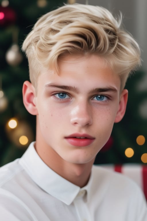 an 18 years old handsome cute blond boy, wear christmas costume, christmas, christmas decoration, christmas tree, sharp focus, finely detailed eyes and face, short hair, fade haircut, male_only, sharp skin, masterpiece, photorealistic, ultra-detailed, fine skin detail, best, super fine, best quality, ultra highres, 8k, RAW photo, cute blond boy,