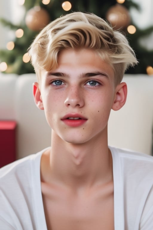 an 18 years old handsome cute blond boy, wear christmas costume, christmas, christmas decoration, christmas tree, sharp focus, finely detailed eyes and face, short hair, fade haircut, male_only, sharp skin, cute blond boy,
