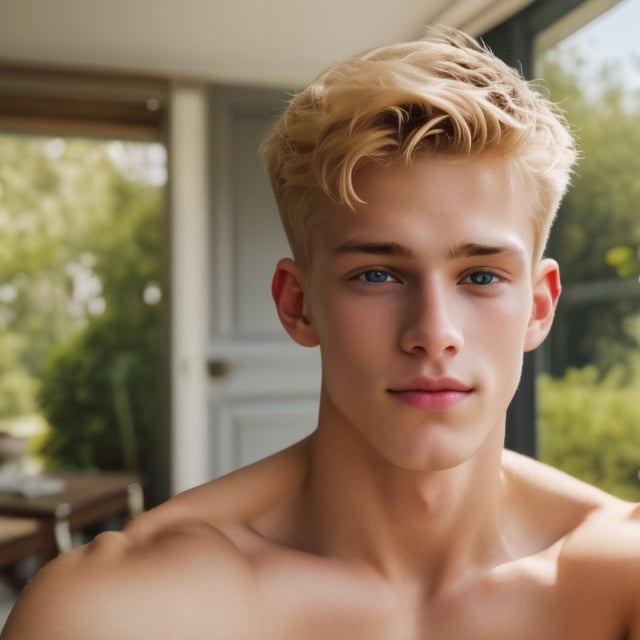 a 18 years old handsome blond man at home, sharp focus, finely detailed eyes and face, short hair, fade haircut, male_only, sharp skin, masterpiece, photorealistic, ultra-detailed, fine skin detail, best, super fine, best quality, ultra highres, 8k, RAW photo, Maxalexanderschmidt