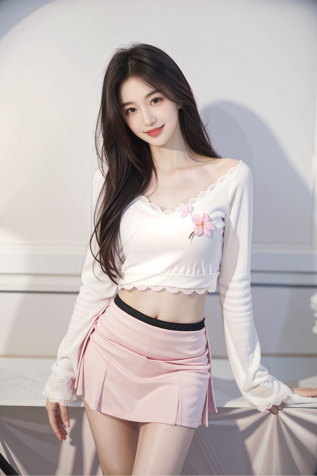 30-year-old mature beauty, Chinese, thin waist, ((open mouth slightly)), (thin belly), (thin body), ((thin legs)), ((narrow hips)), (slender figure), (long black Hair), (slender legs), (medium chest), ((pink skirt)), ((e cup)), ((white sexy long-sleeved tulle)), (toothed smile), noble photography, ( (Simple and plain)), ((Height 172cm and weight 49kg)), lustful, open-air flower shop,<lora:659111690174031528:1.0>