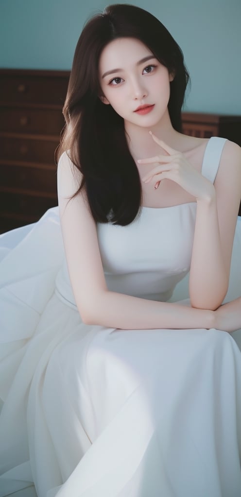 A 30-year-old Korean mature woman wore a Gucci full-body zoom, elegant tulle gown, showing a more natural and real appearance. Bring out her subtle beauty. The image aims to capture a high level of realism, similar to photos taken with a Hasselblad camera, a harmonious blend of cultural elegance and reality, personality traits, a cozy bedroom, tall and thin, large breasts, long_hair