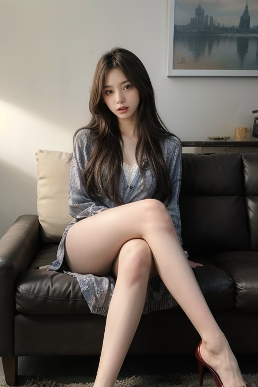 mouth widely open, C cup, tall and thin, 30-year-old beautiful mature woman, height 172cm, weight 47kg, thin legs, casually dressed, sitting on the sofa in the living room