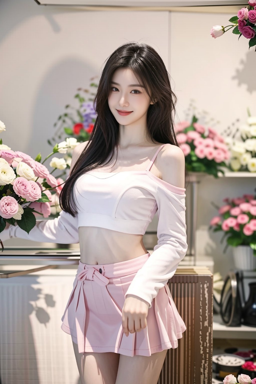 30-year-old mature beauty, Chinese, thin waist, ((open mouth slightly)), (thin belly), (thin body), ((thin legs)), ((narrow hips)), (slender figure), (long black Hair), (slender legs), (medium chest), ((pink skirt)), ((e cup)), ((white sexy long-sleeved tulle)), (toothed smile), noble photography, ( (Simple and plain)), ((Height 172cm and weight 49kg)), lustful, open-air flower shop,<lora:659111690174031528:1.0>