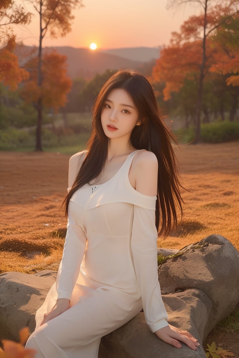 this beauty is 30 years old, mature and from South Korea. ((Big breast beauty)),((Slender beauty)),((Narrow hip beauty)),((Long legged beauty)),((Long hair)),((Slender arms)),((Apricot autumn dress )), ((shoulderless)), ((plain dress)), long sleeves, (c cup beauty), ((showing teeth)), ((girl height 172cm, weight 49kg)), (warm color), ((Autumn coniferous forest)), (There is a cabin in the distance), Orange-red autumn forest, ((Sunset)), ((Sadness)), Senior photography, Sexy sitting pose