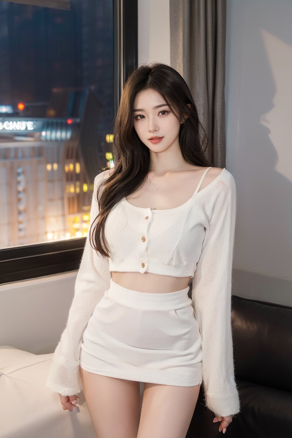 Open mouth, white teeth, tall and thin, 30-year-old elegant beauty, height 172 cm, weight 49 pounds, long black hair, C cup, ((slender body)), (slender arms), medium big breasts, ((thin) Legs, long and beautiful legs)), simple bedroom photography, miniskirt, (long-sleeved top), (dark light), warm light, window with curtains drawn, late at night