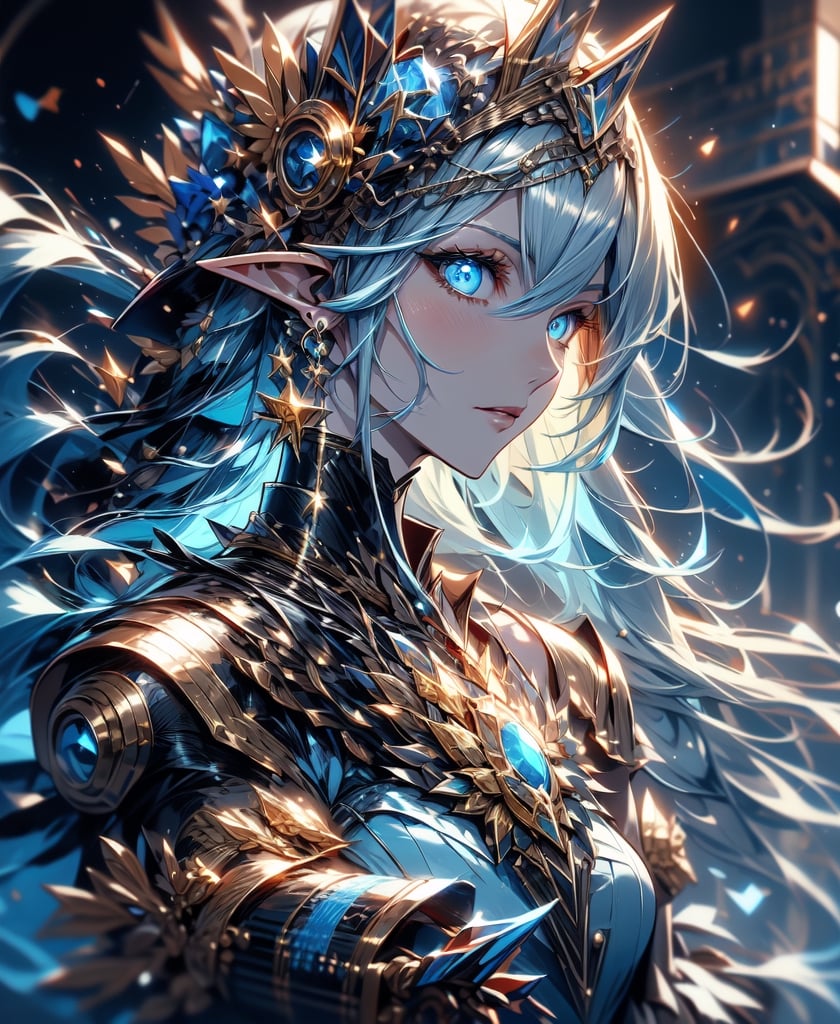elf woman, silver hair,
Clothing with gold thread embroidery
Blue sky, thunder clouds,Circle,mecha,robot,DonMPl4sm4T3chXL ,LandCruiser40,1 girl,march 7th \(honkai: star rail\),midjourney