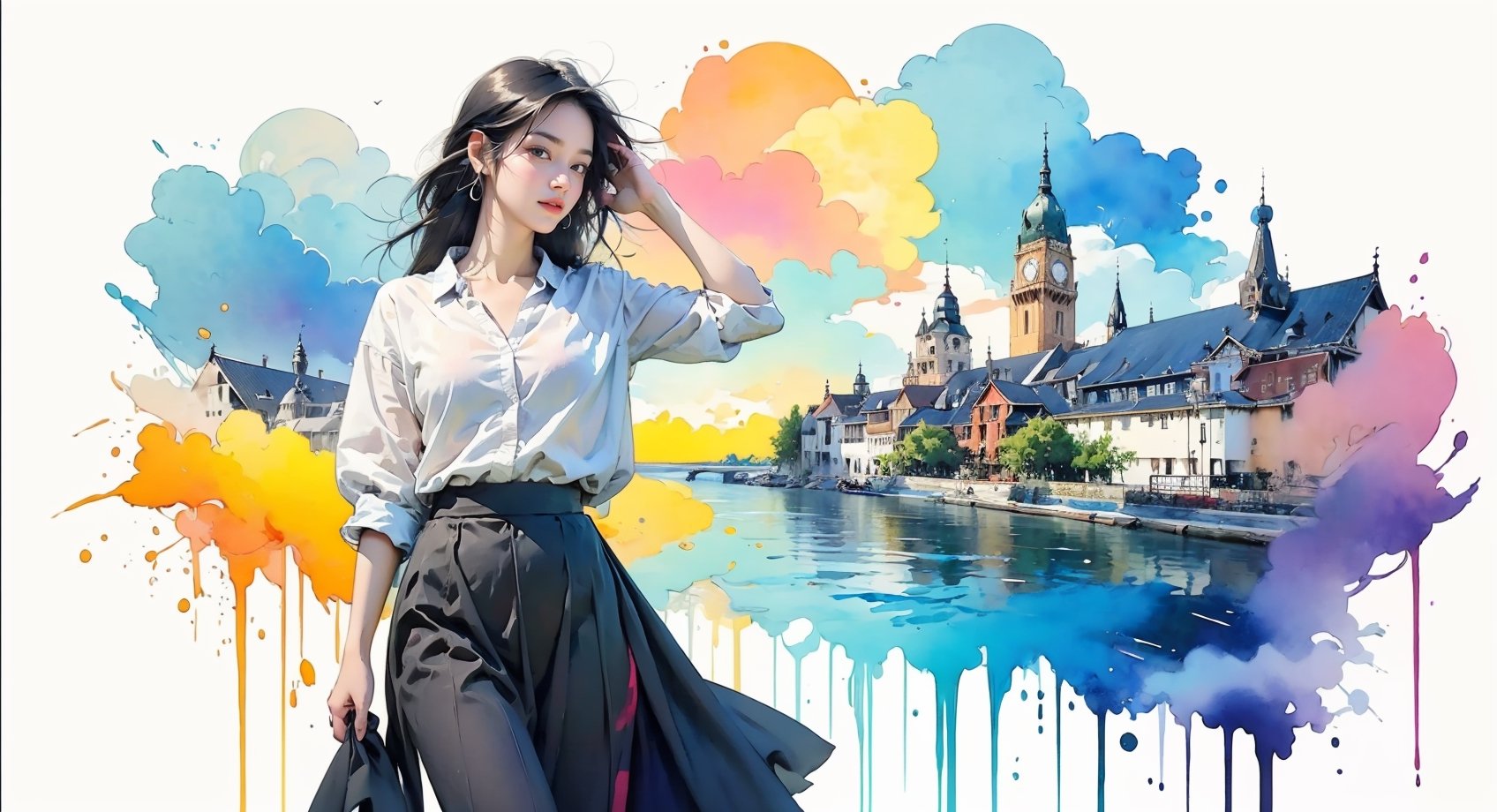 extreme detailed, (masterpiece), (top quality), (best quality), (official art), (beautiful and aesthetic:1.2), (stylish pose), (1 woman), (colorful), (multicolor theme: 1.5), ppcp, medium length skirt, 	looking into distance, long wave black hair, 
perfect,ChineseWatercolorPainting,Chromaspots,fairy,pastelbg,Ava