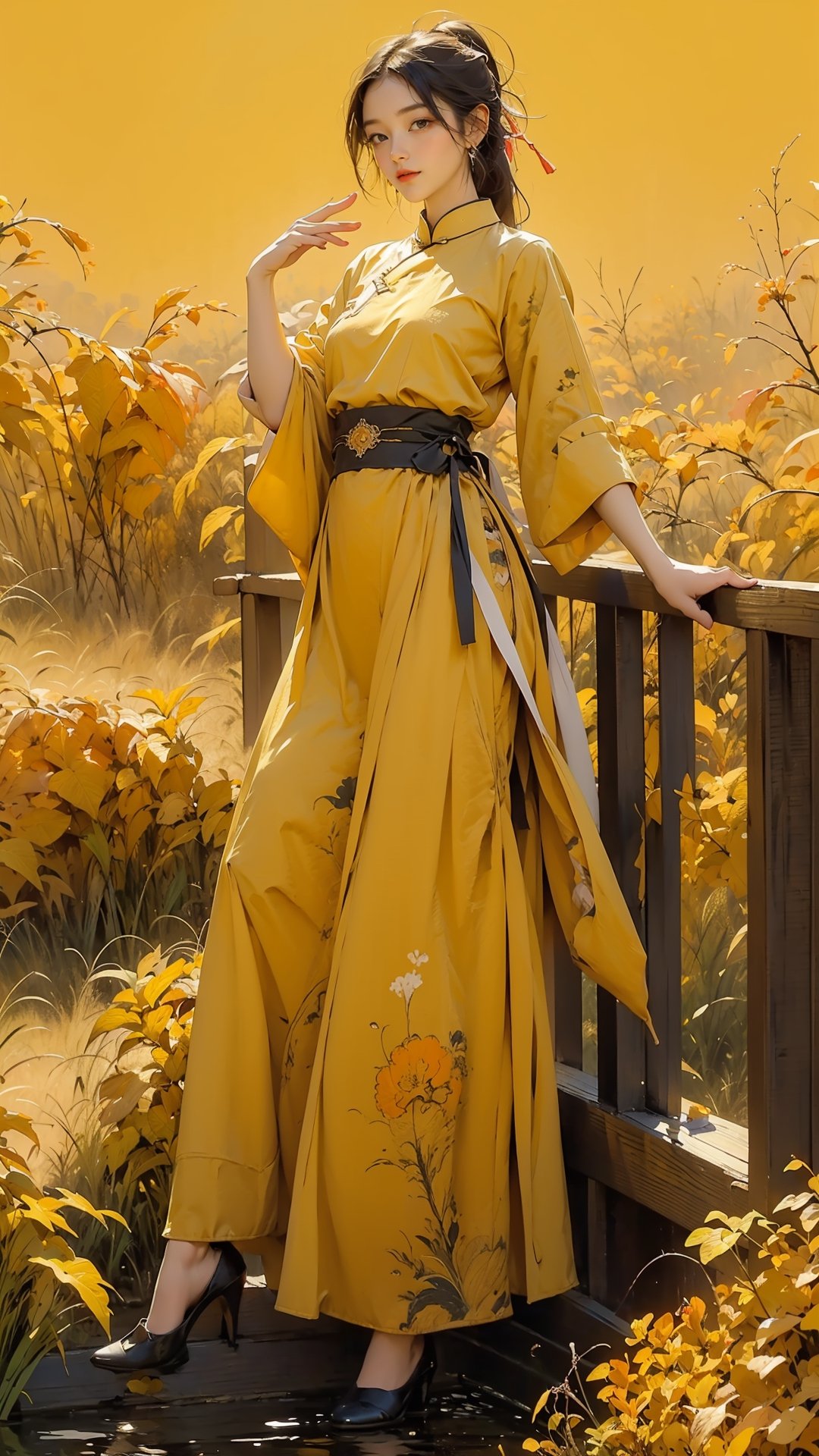 extreme detailed, (masterpiece), (top quality), (best quality), (official art), (beautiful and aesthetic:1.2), (stylish pose), (1 woman), (fractal art:1.3), (colorful), (orange-yellow theme: 1.2), ppcp,long skirt,perfect,ChineseWatercolorPainting