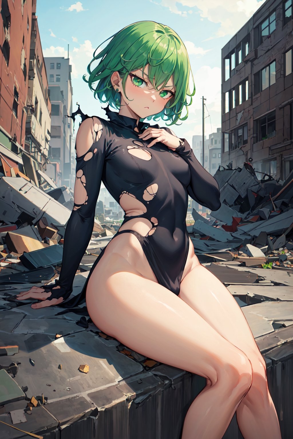 TatsumakiOPM, green eyes, green hair, short hair, beautiful, stylish, cowboy photo, arm crossed, pouting expression, tight black clothes, long sleeves, random background, (masterpiece:1.3), (vibrant:1.2), best quality, cinematic destroyed city,
(clothes torn, underwear: 1.5), sitting cross-legged