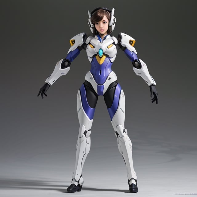 D.Va suit inspired, Overwatch videogame character, white purple suit with fucsia decals, robot,Mecha,mecha_girl_figure,roblit, android, high-end design, whithe modular suit, slim, aerodynamic, Full Body Shot,