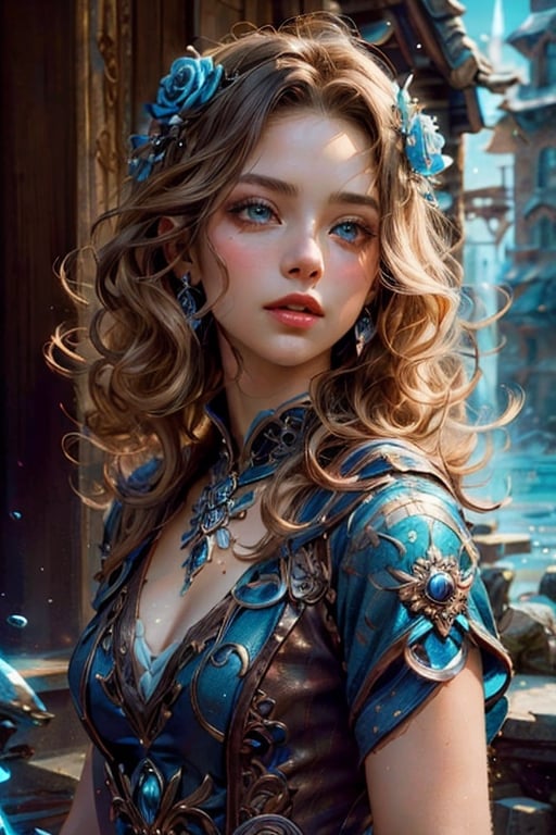 masterpiece, portrait, best quality, 1 girl (colorful), (finely detailed brown eyes and detailed face), rose skin, blond_hair, curly hair,  fantasy dress (finely detailed blue), water mage, cinematic, 8k, wallpaper.,Circle
