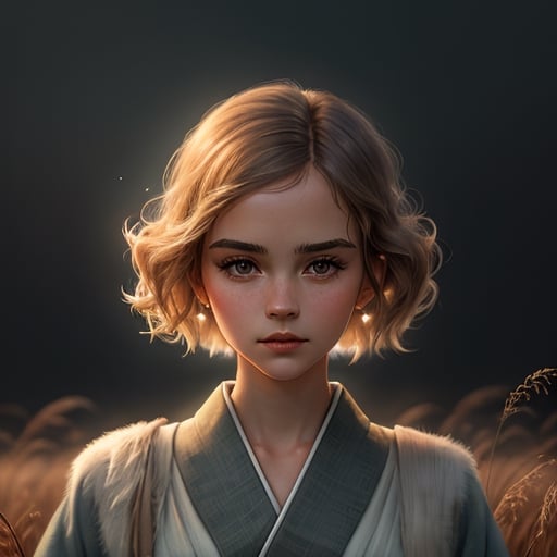 European girl similar to Emma Watson with blond curly short lenght hair, brown eyes, blue kimono, japanese background, masterpiece, atmospheric, Procreate, Poster Design, 300 DPI, Soft Lighting, Ethereal Art, Mysterious, Serene Expression, Enchanting Atmosphere, bokeh, photo, 8k, dark, dynamic action, pale washed out style, dreamy nostalgic, soft focus, dark vignetting, light leaks, medium photography, gloomy artistic painterly ethereal, whimsical, coarse grain photo wallpaper.,nobarajk,emwt