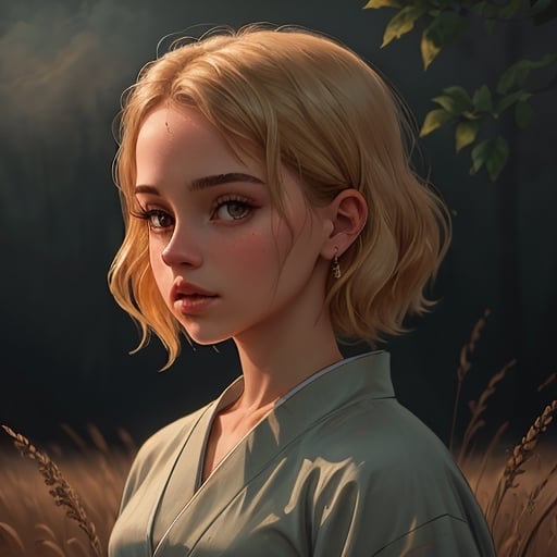 European girl with blond curly short lenght hair, brown eyes, blue kimono, japanese background, masterpiece, atmospheric, Procreate, Poster Design, 300 DPI, Soft Lighting, Ethereal Art, Mysterious, Serene Expression, Enchanting Atmosphere, bokeh, photo, 8k, dark, dynamic action, pale washed out style, dreamy nostalgic, soft focus, dark vignetting, light leaks, medium photography, gloomy artistic painterly ethereal, whimsical, coarse grain photo wallpaper.,nobarajk,emwt