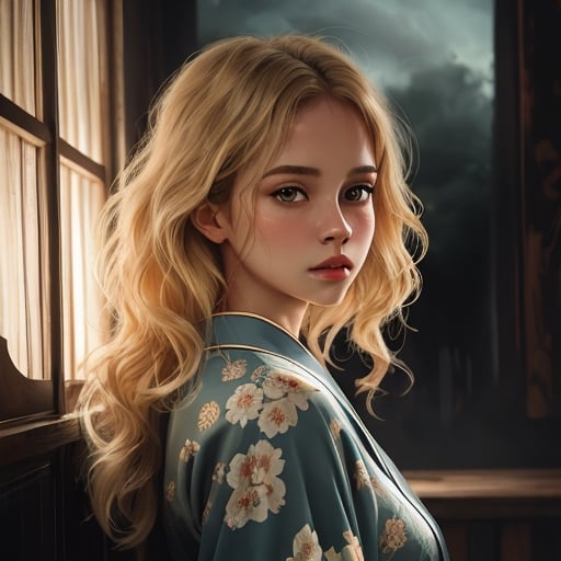 European girl with blond curly short lenght hair, brown eyes, blue kimono, japanese background, masterpiece, atmospheric, Procreate, Poster Design, 300 DPI, Soft Lighting, Ethereal Art, Mysterious, Serene Expression, Enchanting Atmosphere, bokeh, photo, 8k, dark, dynamic action, pale washed out style, dreamy nostalgic, soft focus, dark vignetting, light leaks, medium photography, gloomy artistic painterly ethereal, whimsical, coarse grain photo wallpaper.,nobarajk,emwt