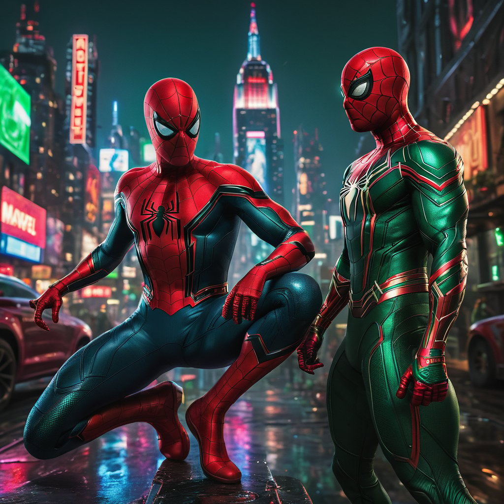 The portrait captures Red Spiderman in combat with Green Spiderman within the Marvel universe. It boasts a hyper-realistic style, showcasing intricate details and pristine lines. The cyberpunk elements stand out against a gothic urban landscape, bathed in neon lights and a bokeh effect, evoking the artistry of a Zbrush Central masterpiece.