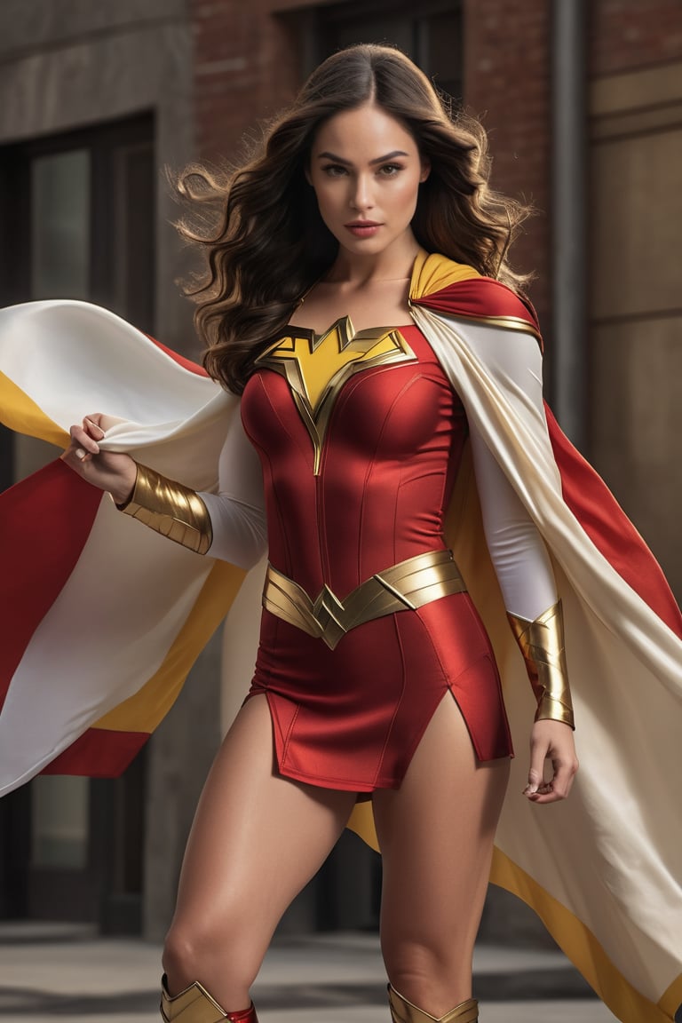 a woman dressed as Mary Marvel from Shazam, superhero style, full body costume, similar to ((Megan Fox)), heroic character, black haired woman, standing in front of a building, photorealistic details, red and yellow dress, merged characters, 16K, cinematic style, award-winning image